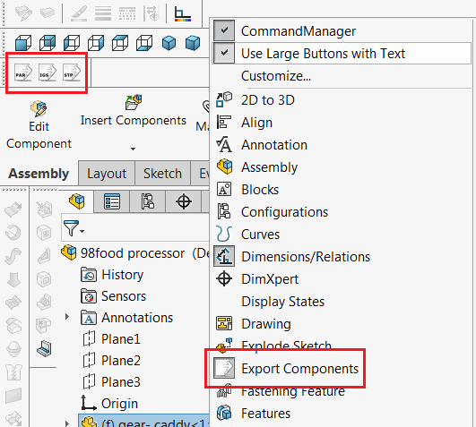 Commands displayed in the SOLIDWORKS toolbar