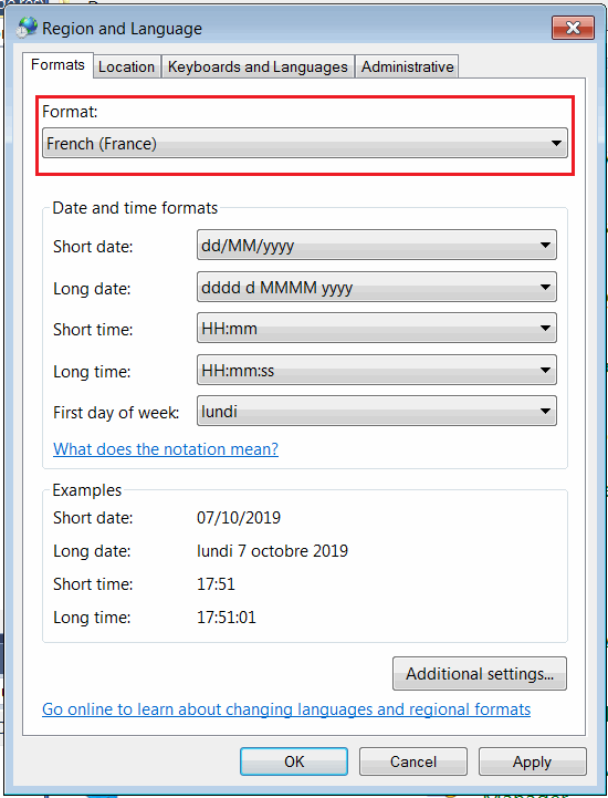 Region and language page in Control Panel