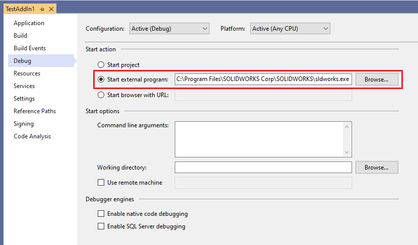 Setting path to SOLIDWORKS as external program